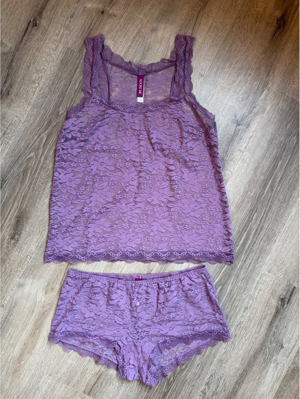 Adore Me purple lace cami and shorts set